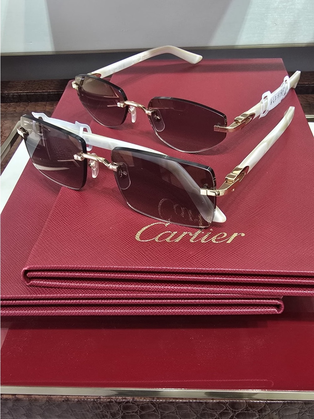 Cartier White & Gold Rimless Sunglasses with Brown Gradient Lenses